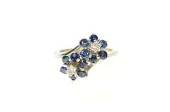 18K White Gold Retro Sapphire Diamond Flower Wrap Bypass Ring