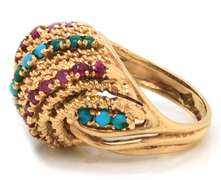 Fabulous 18kt YG Turquoise & Ruby Textured Dome Ring