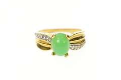 14K Yellow Gold Green Agate Cabochon Diamond Statement Ring