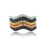 Multi Color Diamond Accents Stackable Wave Ring Set