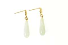 10K Yellow Gold Carved Jade Drop Dangle Leaf Accent Earrings