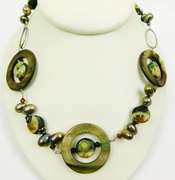 Stunning Green Agate, Pearls & Shell Sterling Necklace