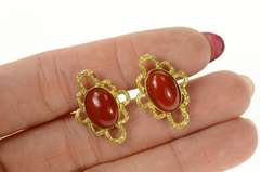 14K Yellow Gold Retro 1960's Red Coral Cabochon Ornate Cuff Links