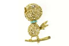 18K Yellow Gold 1960's Diamond Turquoise Stylized Baby Bird Pin/Brooch