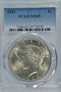 Superb Gem BU 1923 Peace Silver Dollar. PCGS MS65