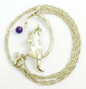Vintage Sterling Cat & Amethyst Ball Pendant & Chain