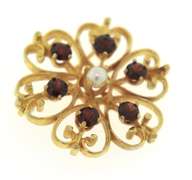 Lovely 14kt YG Floral Filigree Garnet & Pearl Brooch