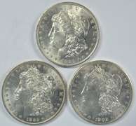 3 diff. blazing BU 'O' Mint Morgan Silver Dollars