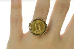 9K Yellow Gold 1892 1/2 Sovereign Victoria Jubilee Coin Ring