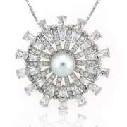 Sterling Silver Simulated Pearl & CZ Radiant Flower Pendant