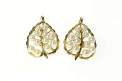 14K Yellow Gold 1960's Pearl Encrusted Leaf Screw Back Earrings