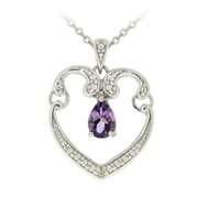Sterling Silver Dangling Amethyst & Diamond Accent Open Heart Necklace