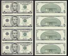 $5 2006 Uncut sheet of 4 Notes