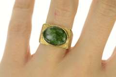 14K Yellow Gold 1960's Ornate Oval Jasper Squared Statement Ring