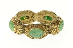 14K Yellow Gold Ornate Floral Carved Jade Filigree Statement Bracelet