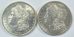 Frosty-white 1880-P and 1880-O Morgan Silver Dollars