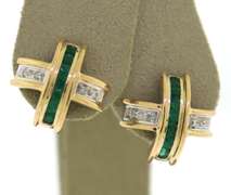 Graceful Yellow Gold Emerald and Diamond X Earrings