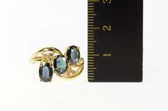 14K Yellow Gold Ornate Three Sapphire Oval Diamond Bypass Ring