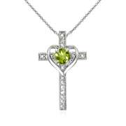 Sterling Silver Peridot Cross Heart Pendant Necklace