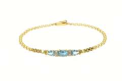 14K Yellow Gold Three Stone Blue Topaz Diamond Bar Link Bracelet