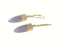 14K Yellow Gold Scalloped Carved Purple Stone Jade Dangle Earrings