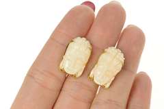 14K Yellow Gold Ornate Carved Light Pink Coral Buddha Head Cuff Links