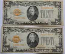 First and Only Small Size Near Unc Near Consecutive 1928 $ 20 Gold Certificates