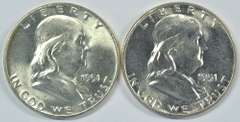 2 Gem BU 1951 Franklin Half Dollars. Full Bell Lines