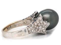Marvelous 18kt WG Tahitian Pearl with Pave Diamond & Sapphire Ring