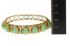 14K Yellow Gold Ornate Jade Cabochon Statement Bangle Bracelet