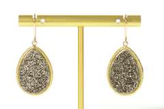 14K Yellow Gold Pear Smoky Druzy Ornate Statement Earrings