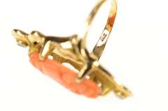14K Yellow Gold Ornate Art Nouveau Coral Cameo Diamond Ring