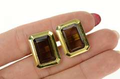 14K Yellow Gold Emerald Cut Smoky Quartz Retro Cuff Links