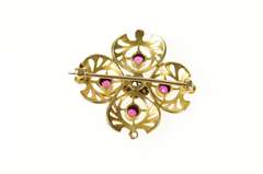 10K Yellow Gold Victorian Syn. Ruby Diamond Clover Filigree Pin/Brooch