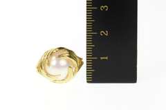 10K Yellow Gold Pearl Inset Retro Leaf Vine Swirl Cocktail Ring