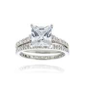 Sterling Silver Square CZ Bridal Engagement Ring Set