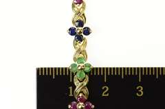 14K Yellow Gold Ruby Emerald Sapphire Flower Cluster Tennis Bracelet