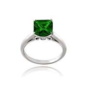 Sterling Silver 3.35ct Created Green Quartz Square Solitaire Ring