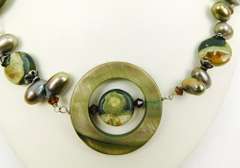 Stunning Green Agate, Pearls & Shell Sterling Necklace
