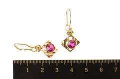 10K Yellow Gold 1940's Syn. Ruby Cherry Blossom Dangle Hook Earrings