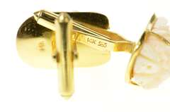 14K Yellow Gold Ornate Carved Light Pink Coral Buddha Head Cuff Links