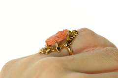 14K Yellow Gold Ornate Art Nouveau Coral Cameo Diamond Ring