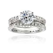 Sterling Silver Round CZ Wedding Engagement Ring Set