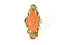 14K Yellow Gold Ornate Art Nouveau Coral Cameo Diamond Ring