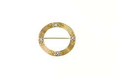 14K Yellow Gold Retro 1960's Pinstripe Syn. Sapphire Circle Pin/Brooch
