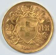 Superb Gem BU 1947-B Swiss 20 Francs Gold Piece