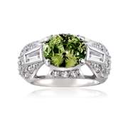 Sterling Silver Olive Green Cubic Zirconia and Simulated Diamond CZ baguette and Pave Filigree Ring