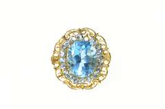 10K Yellow Gold Oval Blue Topaz Halo Filigree Cocktail Ring