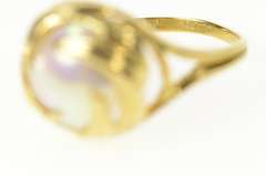 10K Yellow Gold Pearl Inset Retro Leaf Vine Swirl Cocktail Ring