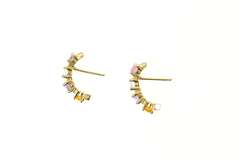 14K Yellow Gold Blue Topaz Amethyst Curved Bar Semi Hoop Earrings